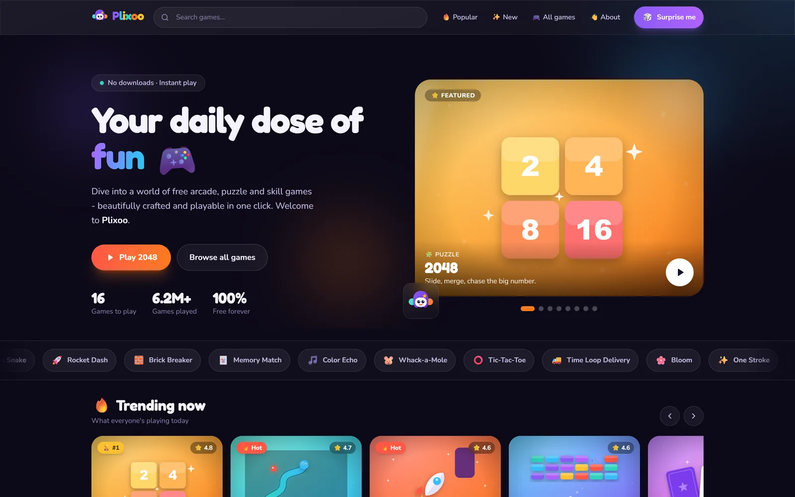 Plixoo — A browser games portal with 16 games we wrote ourselves. No install, no account, no borrowed iframes.